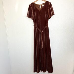 Revelry Reese Velvet Dress Womens Medium Brown Flutter Sleeve Maxi Glam Holiday